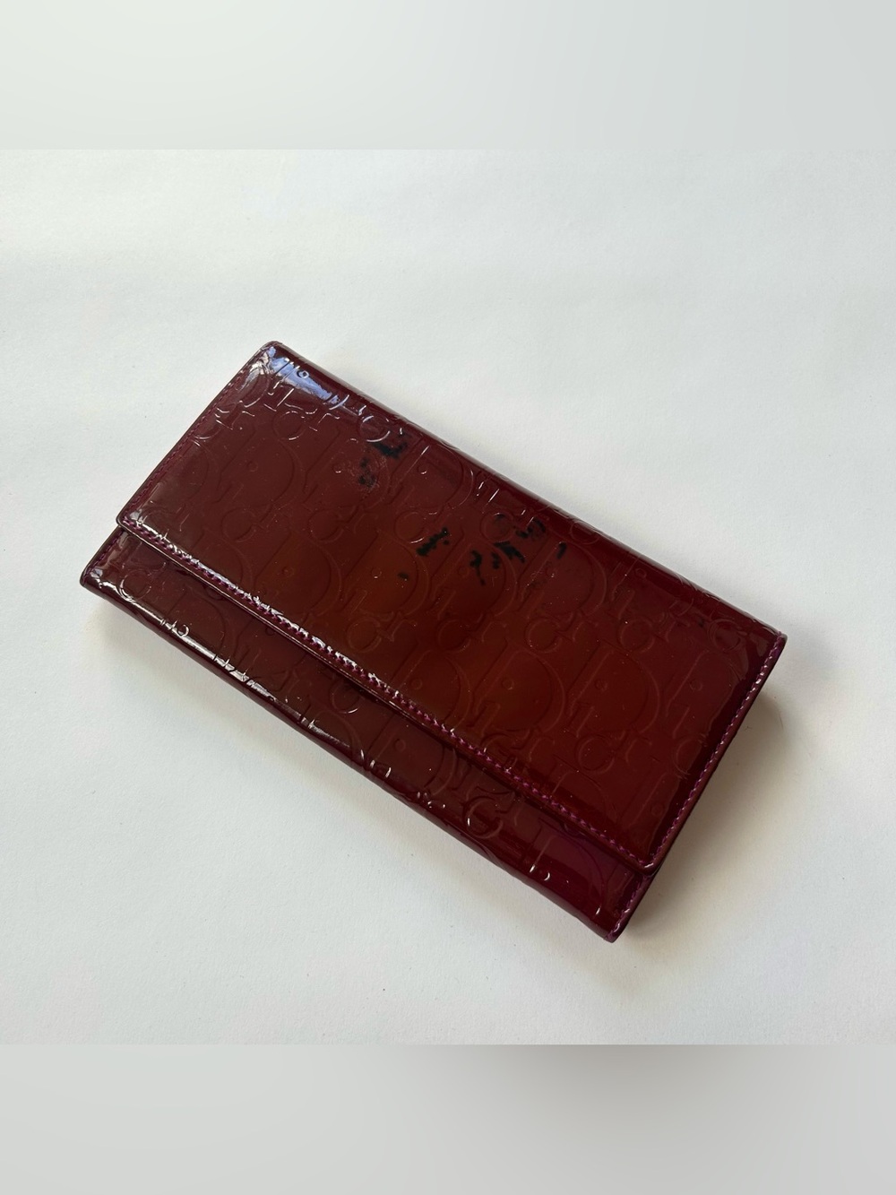 Authentic Christian Dior Burgundy Trotter Patent Leather Wallet